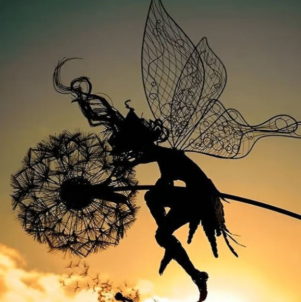 Fairy Steel Garden Sculpture, Metal Fairy on Dandelion