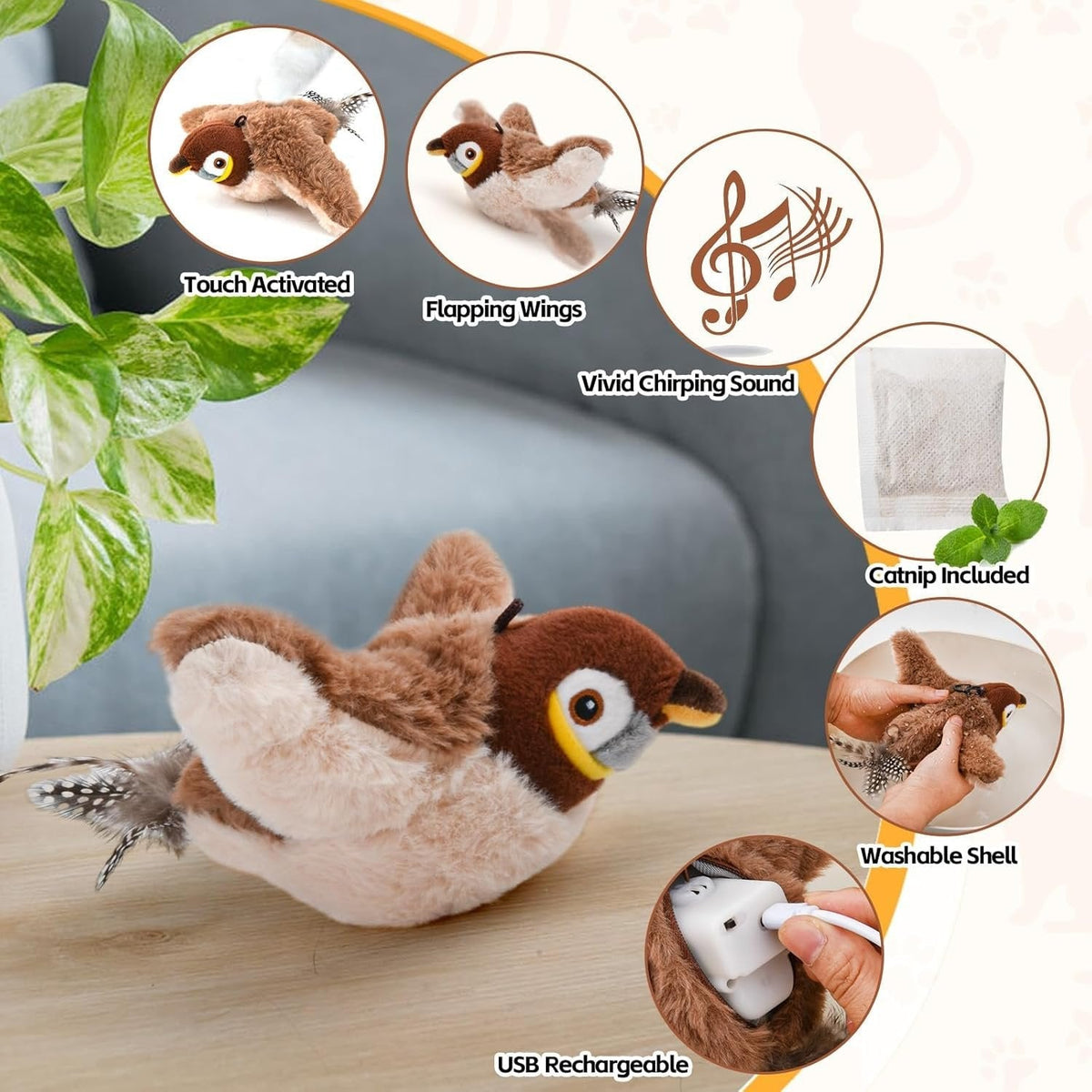 Interactive Cat Toy with Motion-Activated Chirps and USB Rechargeable, Catnip Pocket