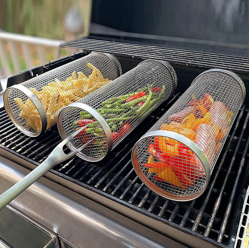Rotating Grill Basket with Secure Latch and Stainless Steel Mesh, Dishwasher Safe