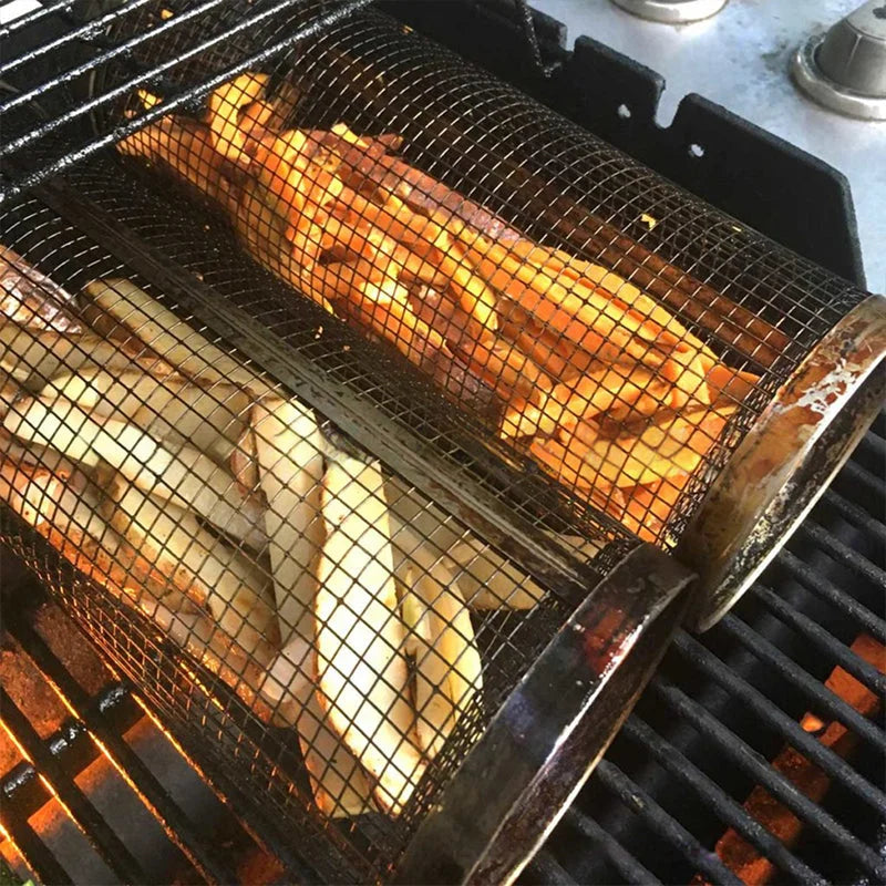 Rotating Grill Basket with Secure Latch and Stainless Steel Mesh, Dishwasher Safe