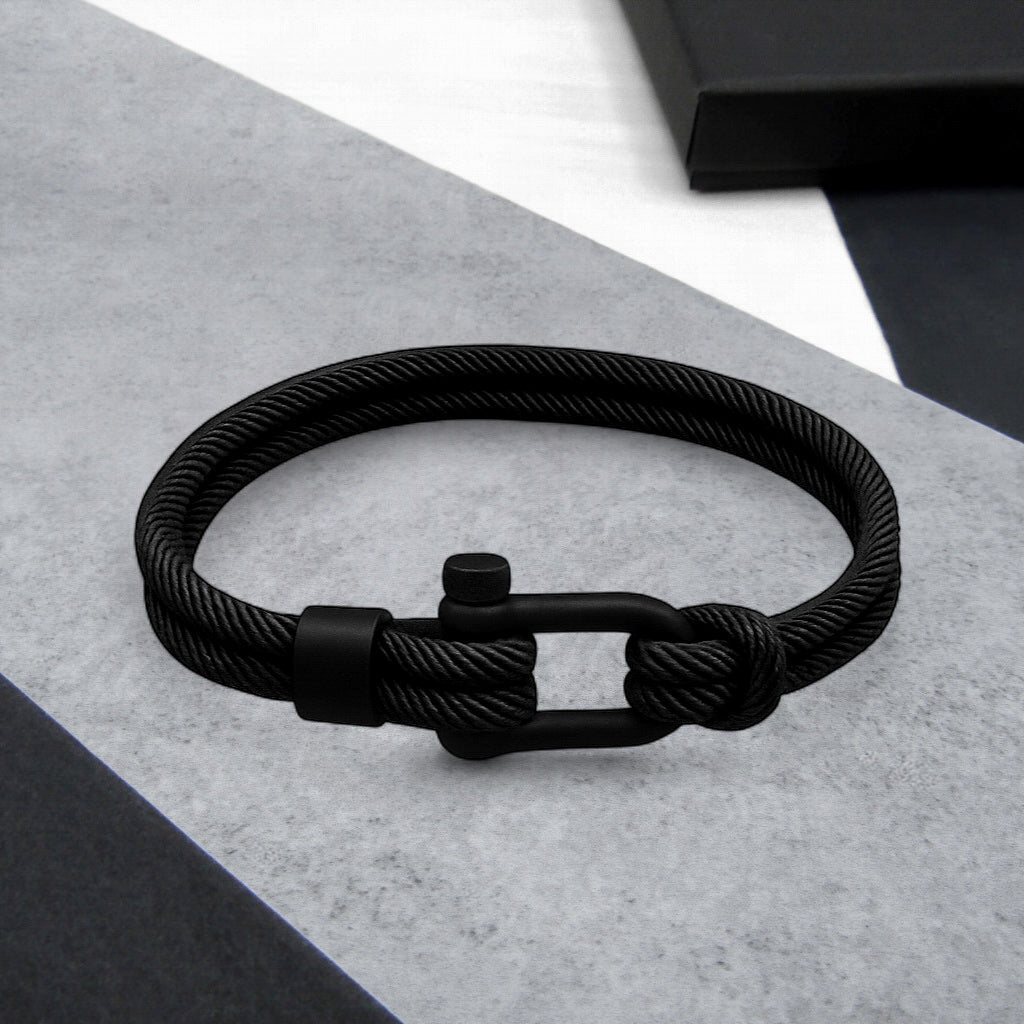 Double-Strand Rope Bracelet with Matt Black D-Shackle and Nautical Style, Fits 7-8