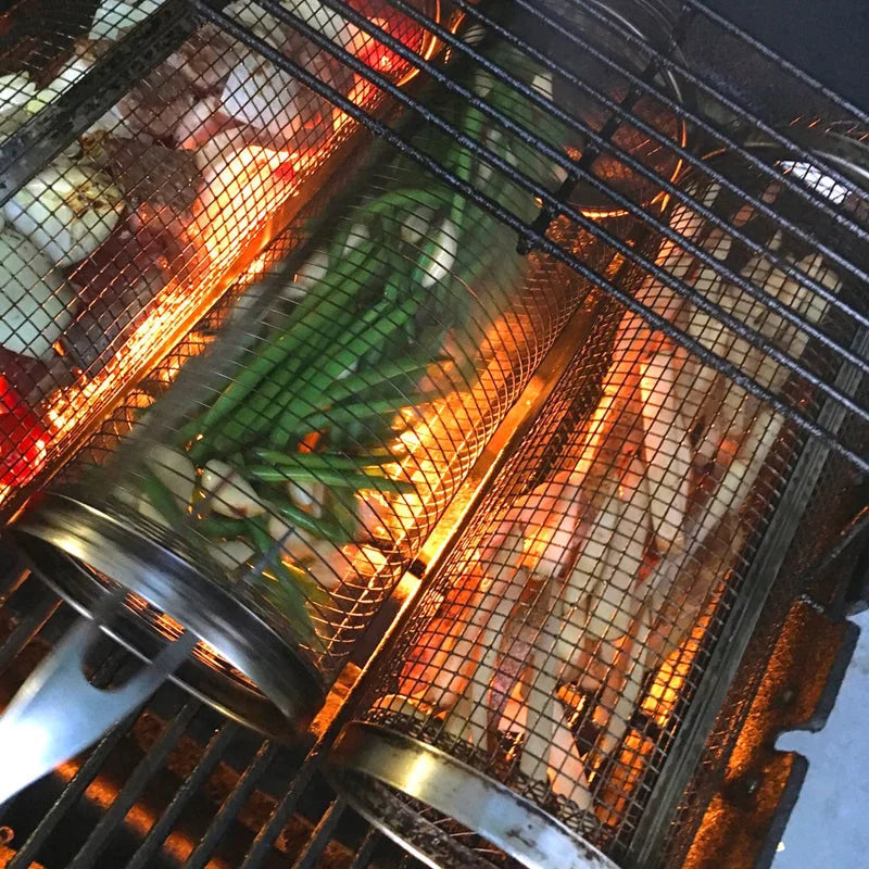 Rotating Grill Basket with Secure Latch and Stainless Steel Mesh, Dishwasher Safe