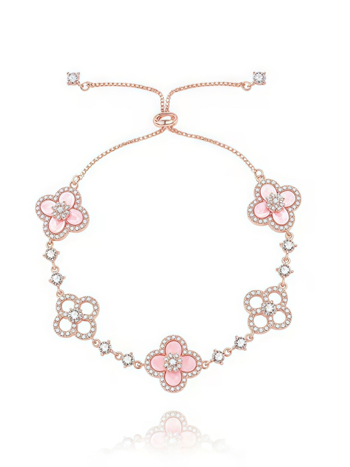 Floral Bracelet with Natural Shell Petals and Faceted Crystal Accents, Gold Plated Finish