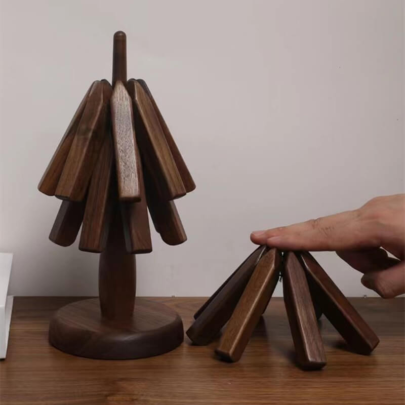 Walnut Table Mat with Heat-Resistant Thick Base and Stackable Tree Design, Oiled Finish
