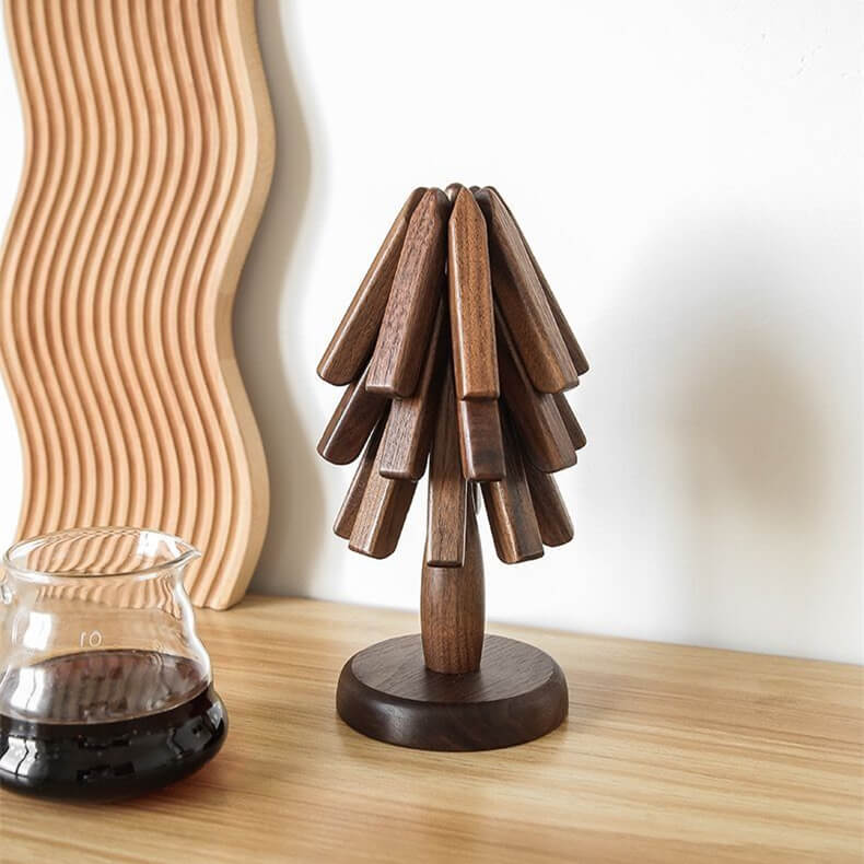 Walnut Table Mat with Heat-Resistant Thick Base and Stackable Tree Design, Oiled Finish