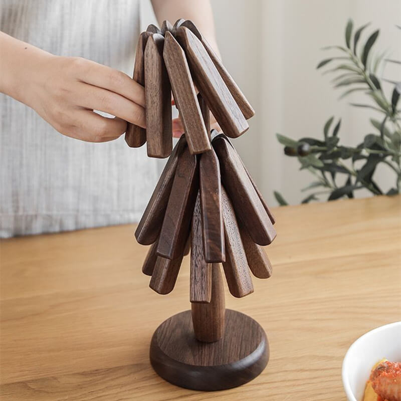 Walnut Table Mat with Heat-Resistant Thick Base and Stackable Tree Design, Oiled Finish