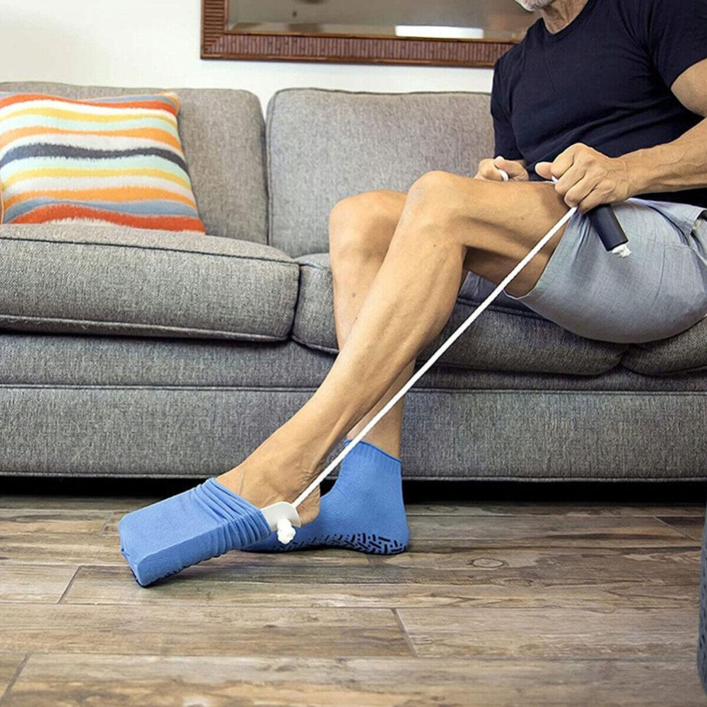 Sock Aid with Extended Ergonomic Handle and Foam Grip for Easy No Bend Dressing