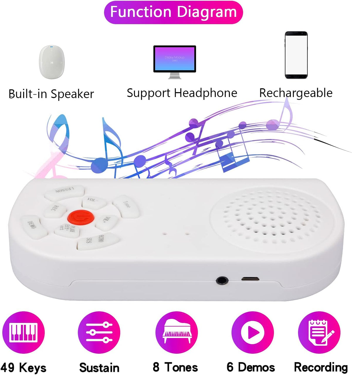 Roll Up Piano Keyboard with 49 Keys and Built-In Speakers, Rechargeable