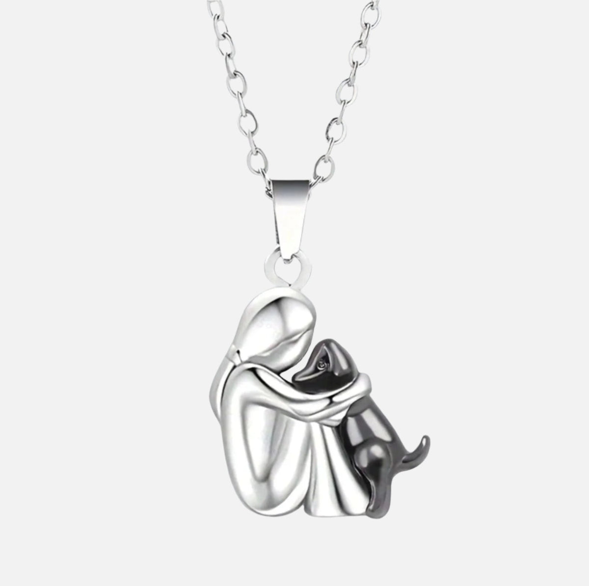 Dog Lover Necklace with Heart Embrace Silhouette and Adjustable 16.5in Chain, Plated Finish
