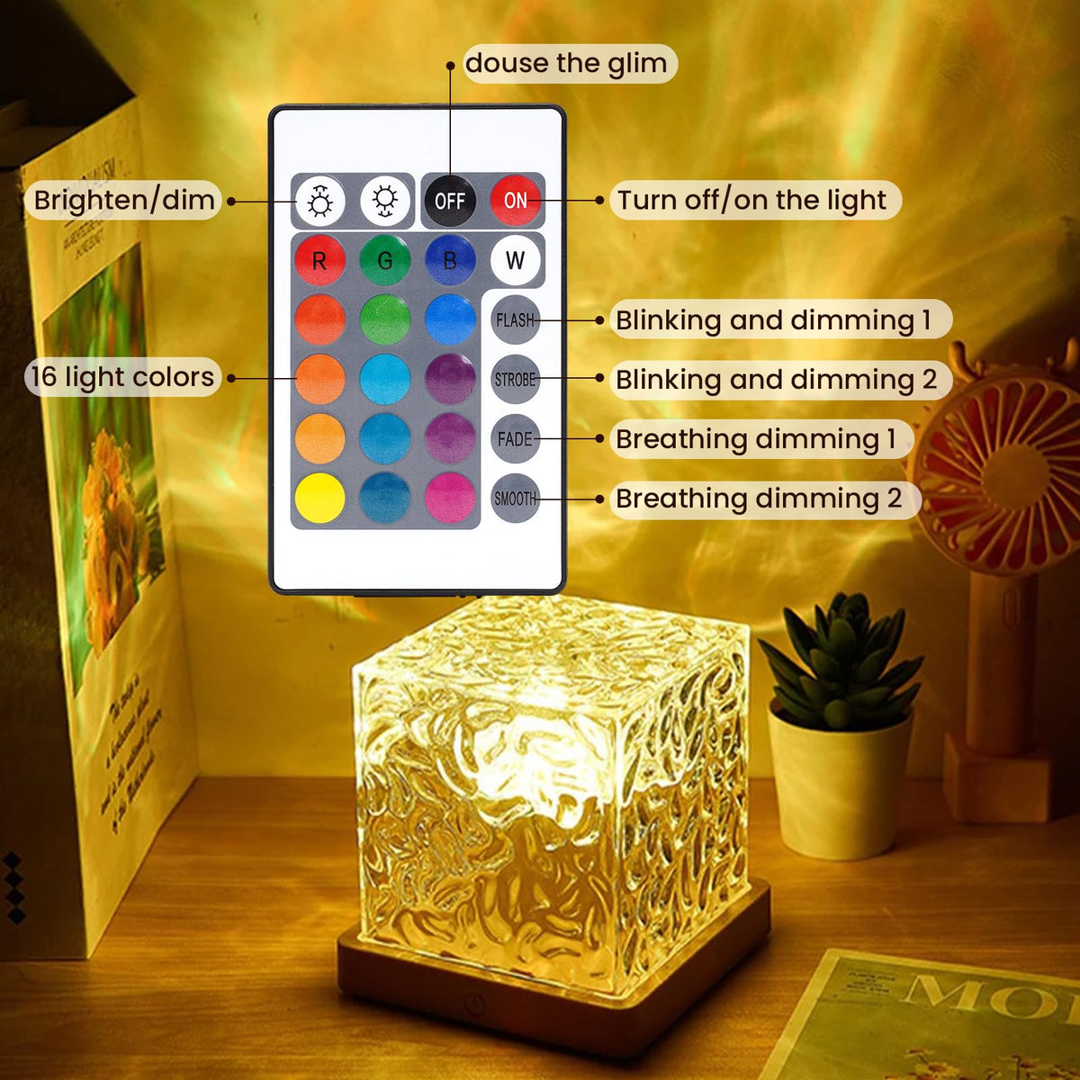 Ocean Wave Projector Lamp with 16 Color Modes and Remote Control, Wooden Base USB Powered