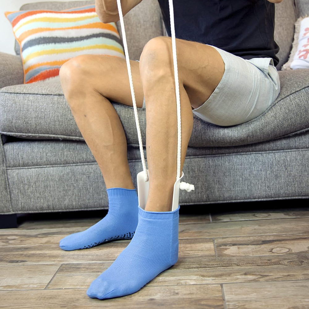Sock Aid with Extended Ergonomic Handle and Foam Grip for Easy No Bend Dressing