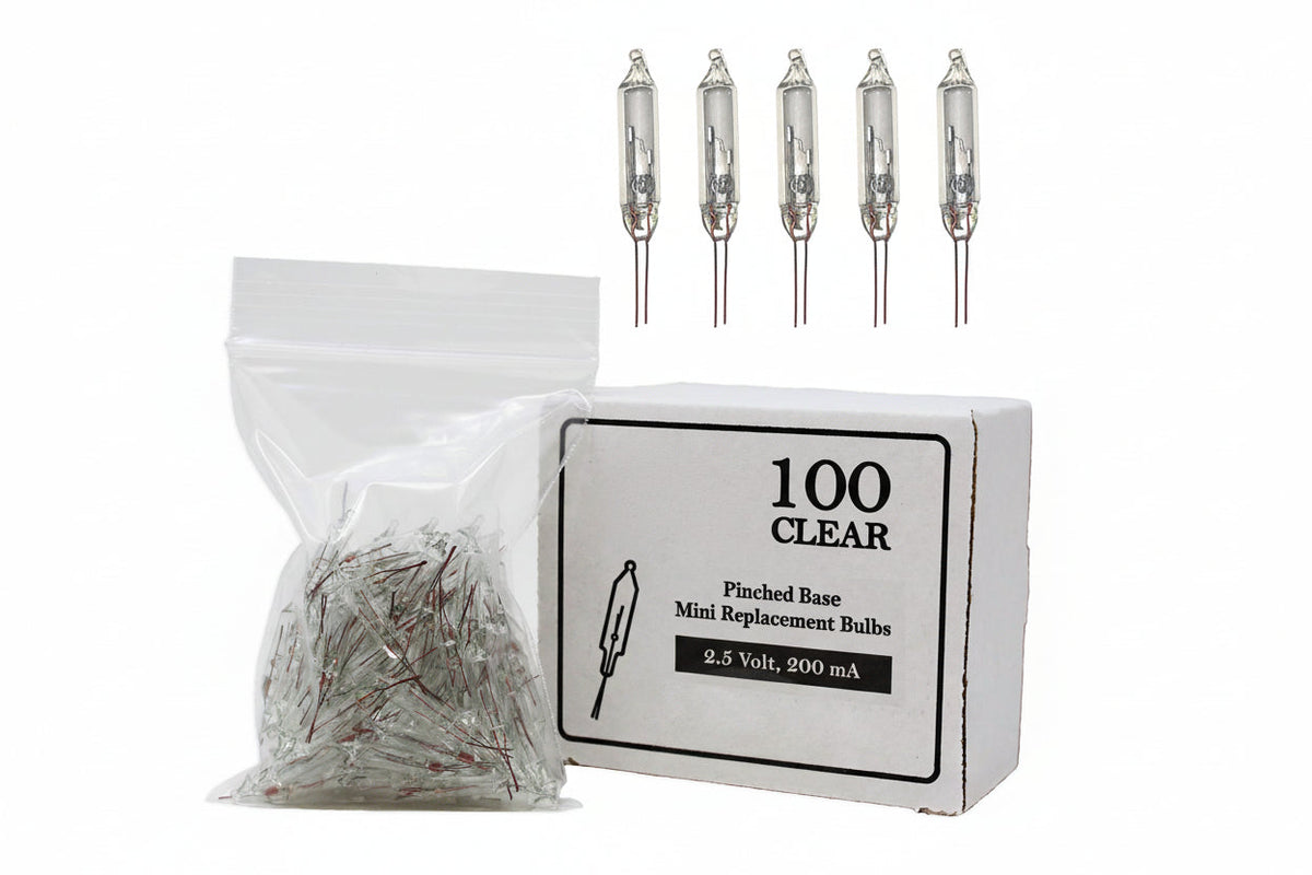 Mini Christmas Light Bulbs with Pinched Base and Clear Glass, 100 Count Pack
