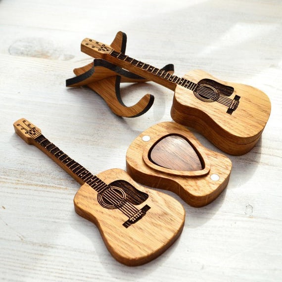 Engraved Guitar Pick Box with Oak Stand and Three Picks, Personalized Keepsake