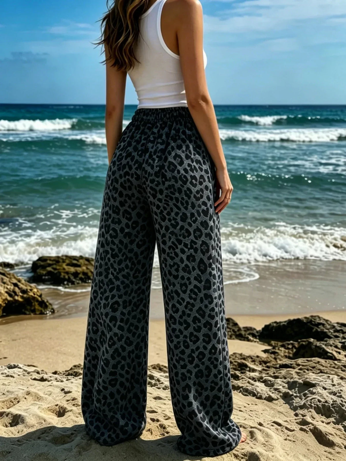 Wide Leg Knit Pants with Leopard Print and Elastic Lace Waist