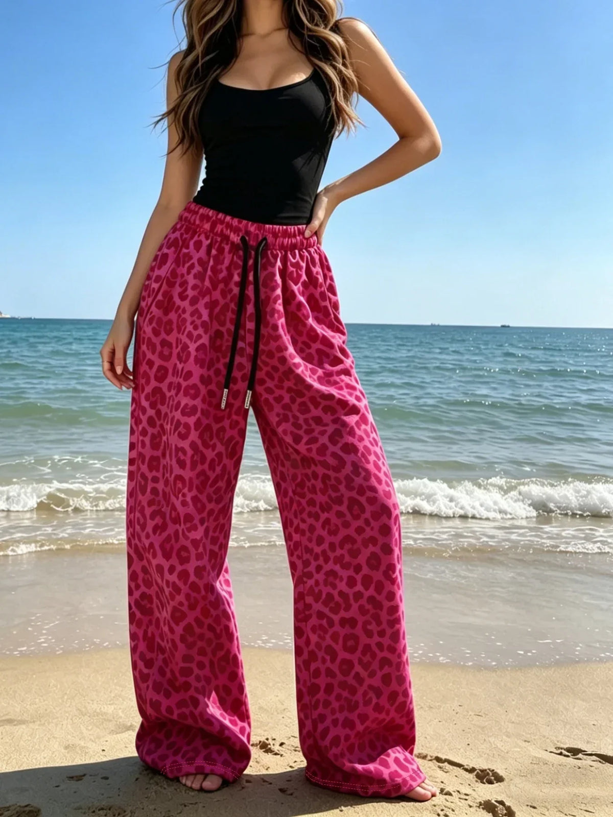 Wide Leg Knit Pants with Leopard Print and Elastic Lace Waist