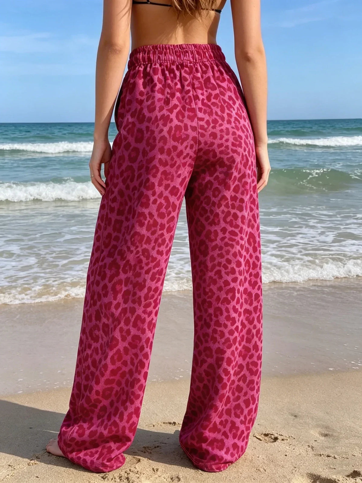 Wide Leg Knit Pants with Leopard Print and Elastic Lace Waist