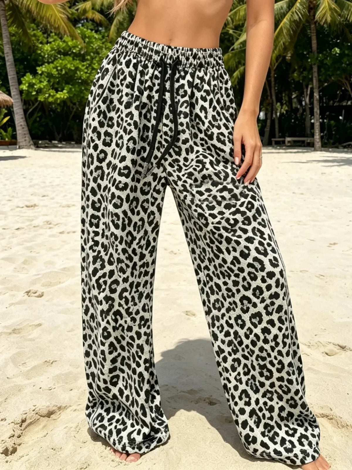 Wide Leg Knit Pants with Leopard Print and Elastic Lace Waist