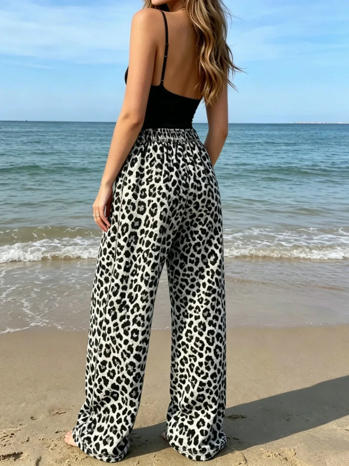 Wide Leg Knit Pants with Leopard Print and Elastic Lace Waist