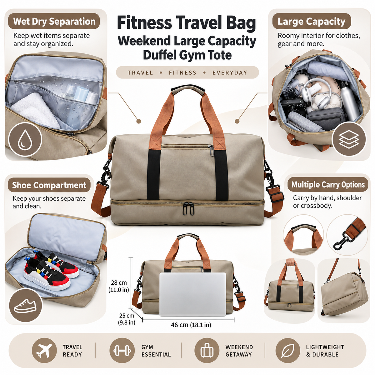 Fitness Travel Bag Weekend Large Capacity Duffel Gym Tote