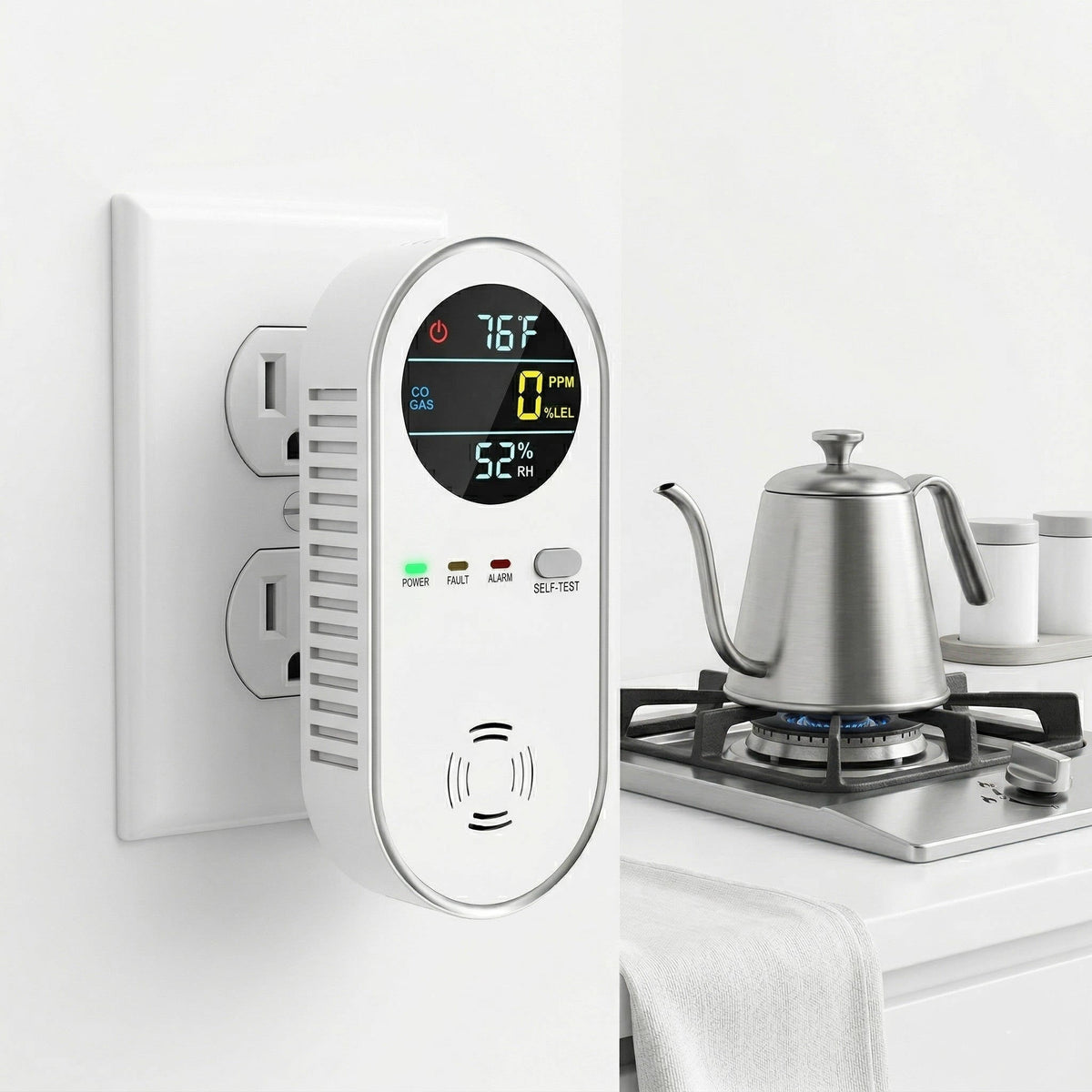 4 in 1 Plug in Carbon Monoxide and Natural Gas Detector, CO, Propane & Gas Alarm with Temp & Humidity Display, Home Safety Monitor