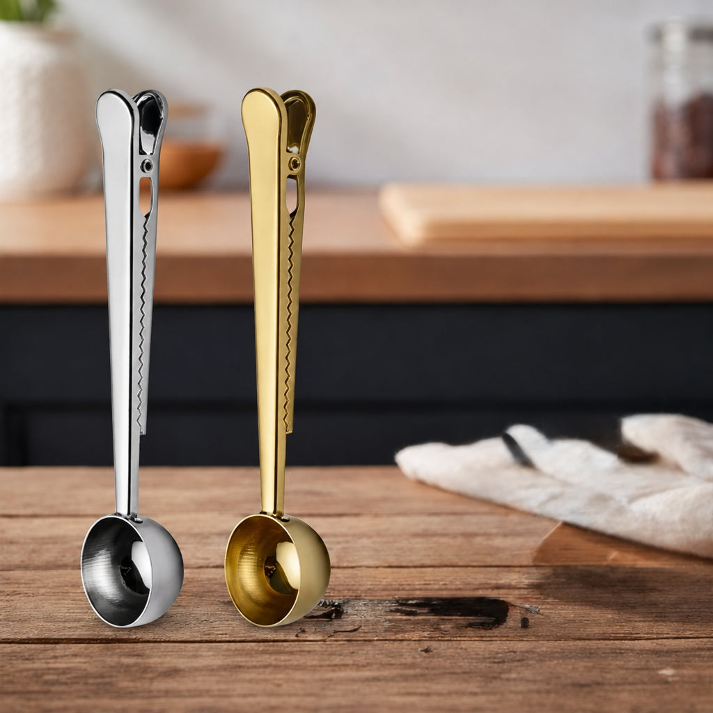 Tea Scoop with Built-In Bag Clip and One Teaspoon Measure, Stainless Steel