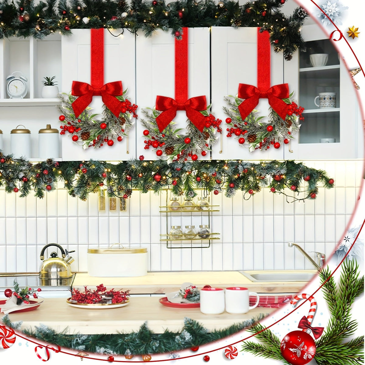 Christmas Wreath Hanging Red Bow Pinecone Holiday Decor