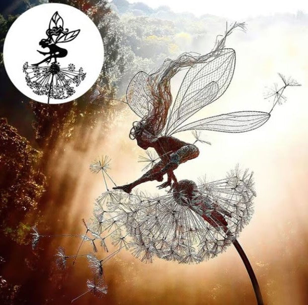Fairy Steel Garden Sculpture, Metal Fairy on Dandelion