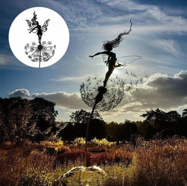 Fairy Steel Garden Sculpture, Metal Fairy on Dandelion