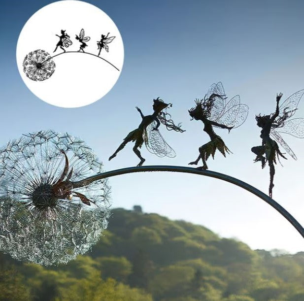 Fairy Steel Garden Sculpture, Metal Fairy on Dandelion