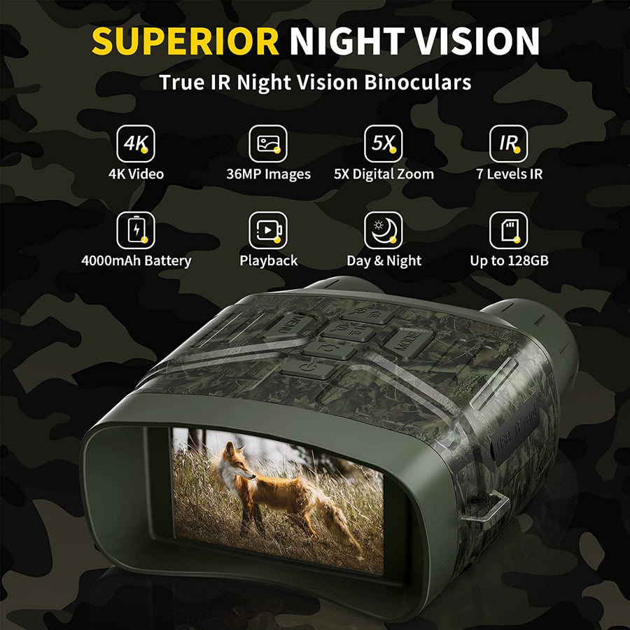 Night Vision Binoculars 4K HD, 5x Zoom, 3-Inch Display