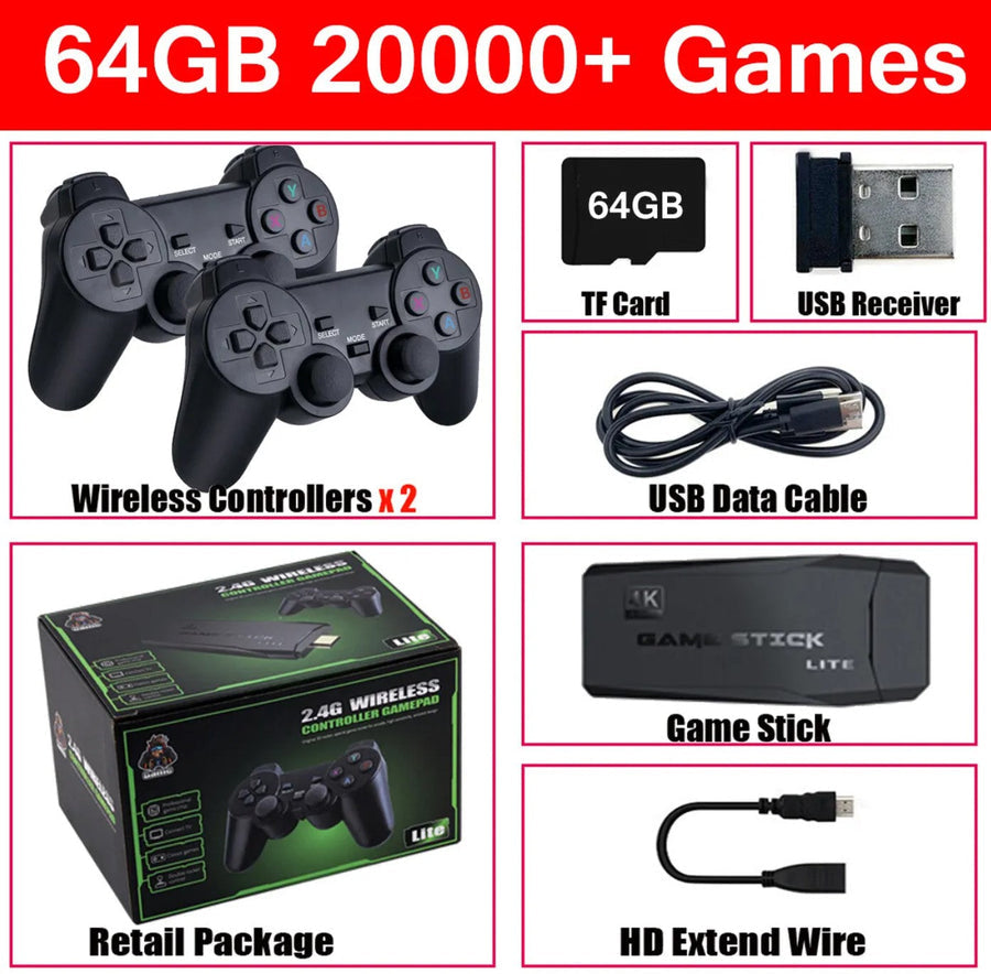 HDMI 4K TV Game Stick Console, 64GB Retro Gaming System with Wireless Gamepads