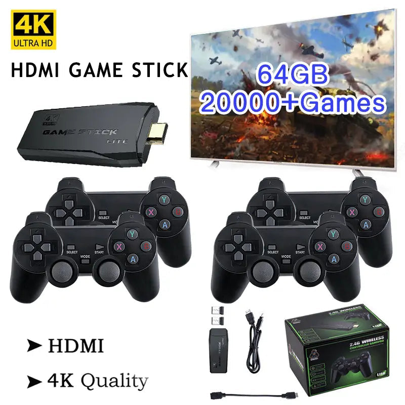 HDMI 4K TV Game Stick Console, 64GB Retro Gaming System with Wireless Gamepads