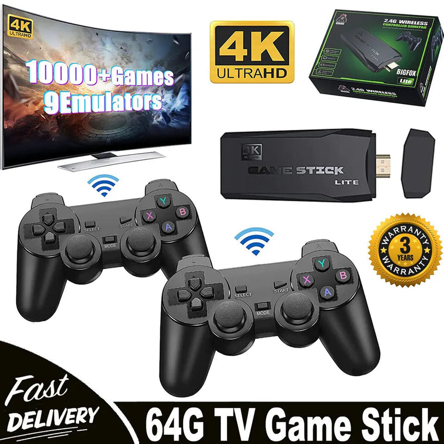 HDMI 4K TV Game Stick Console, 64GB Retro Gaming System with Wireless Gamepads