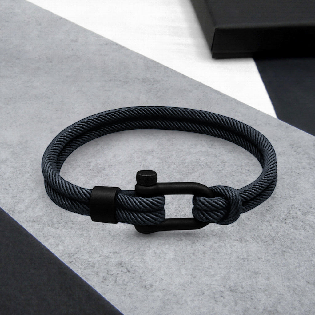 Double-Strand Rope Bracelet with Matt Black D-Shackle and Nautical Style, Fits 7-8