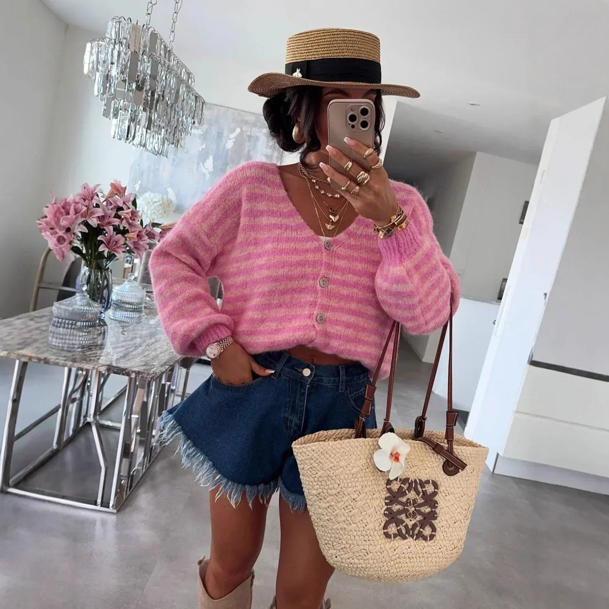 Striped V-Neck Cardigan with Dropped Shoulders and Lantern Sleeves for Women