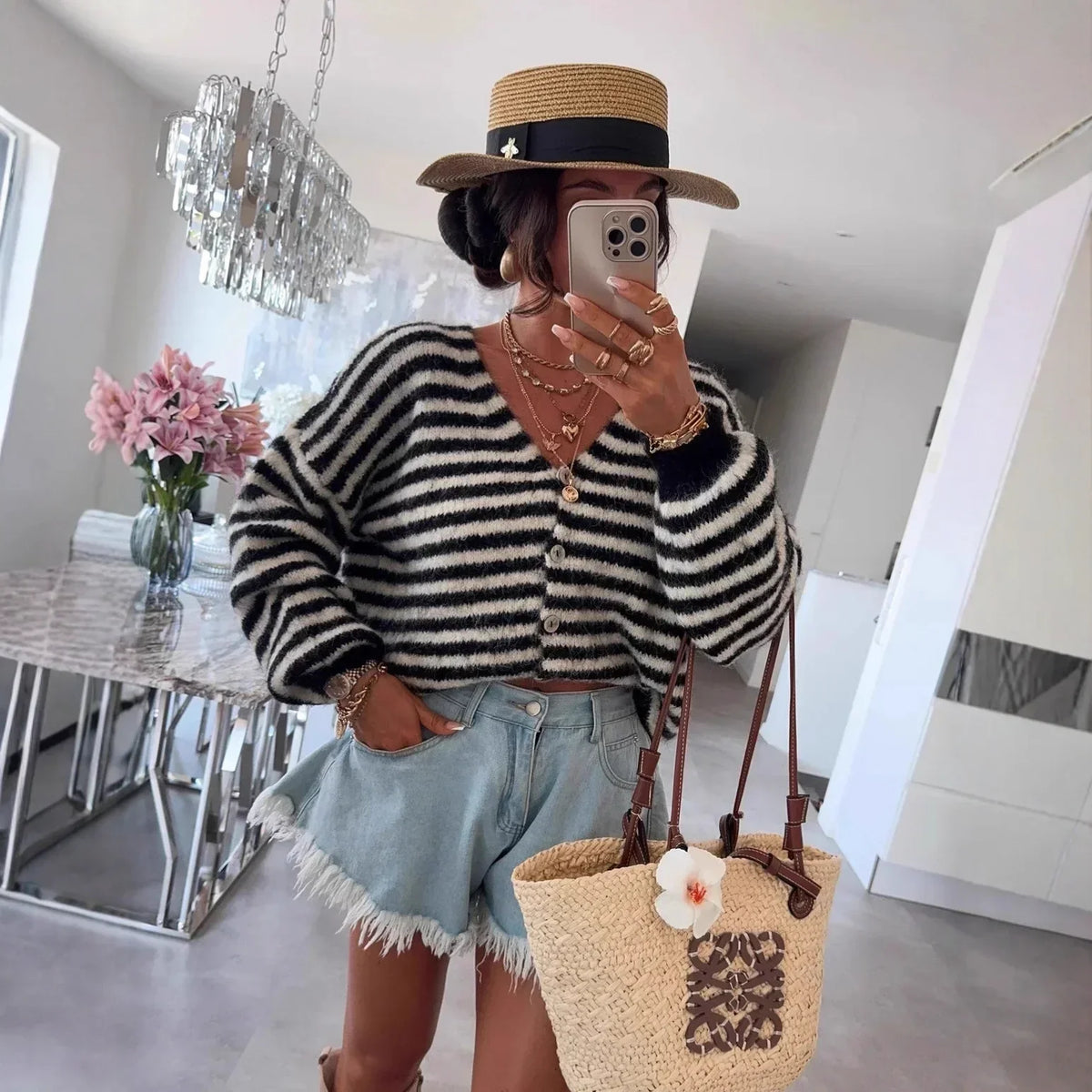 Striped V-Neck Cardigan with Dropped Shoulders and Lantern Sleeves for Women