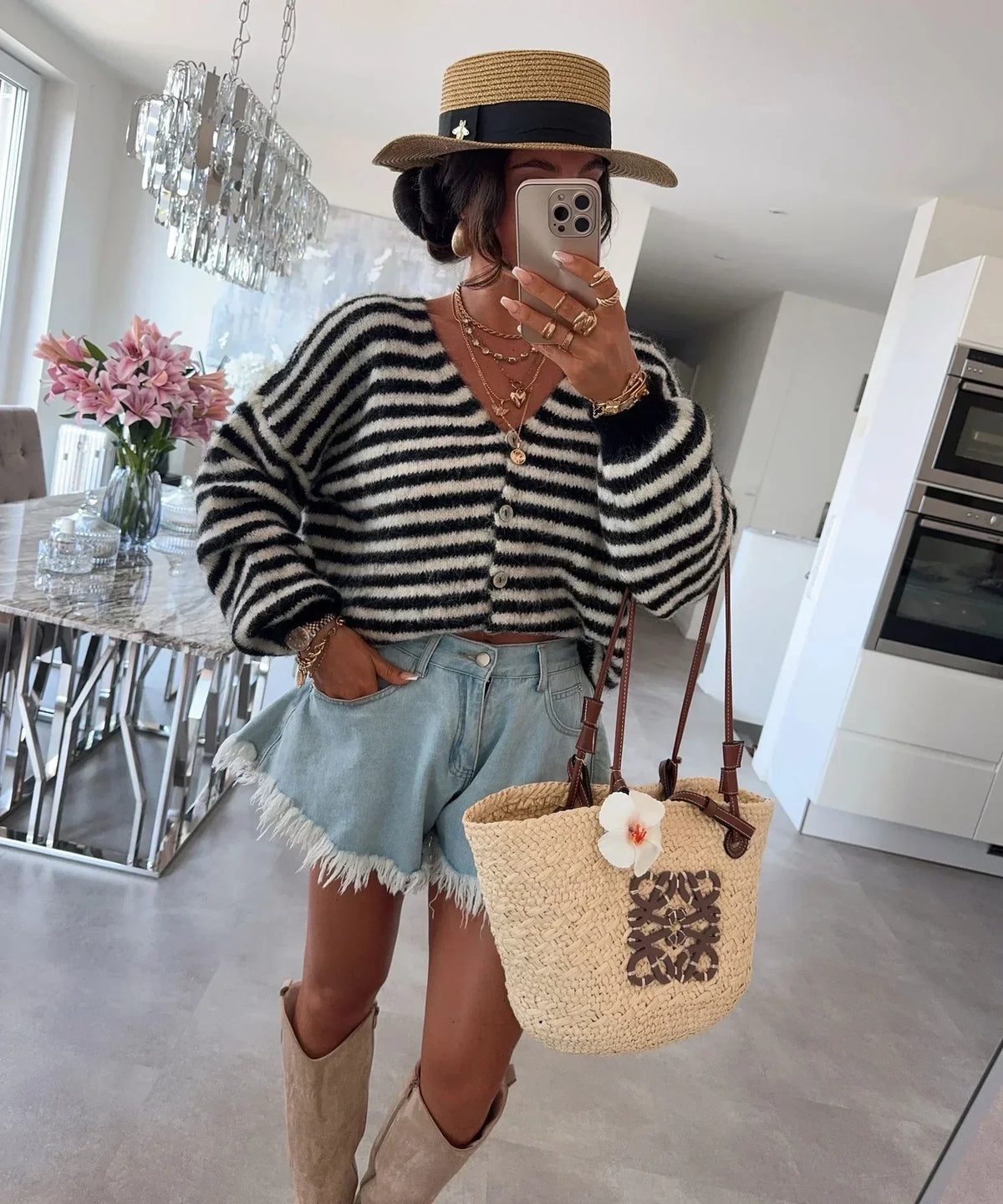 Striped V-Neck Cardigan with Dropped Shoulders and Lantern Sleeves for Women