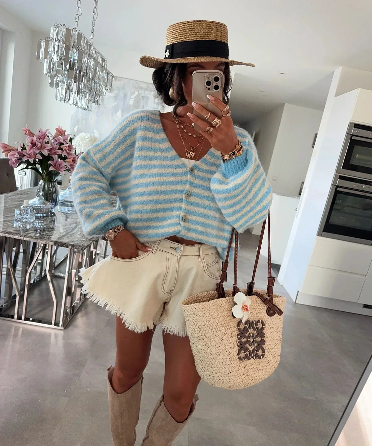 Striped V-Neck Cardigan with Dropped Shoulders and Lantern Sleeves for Women