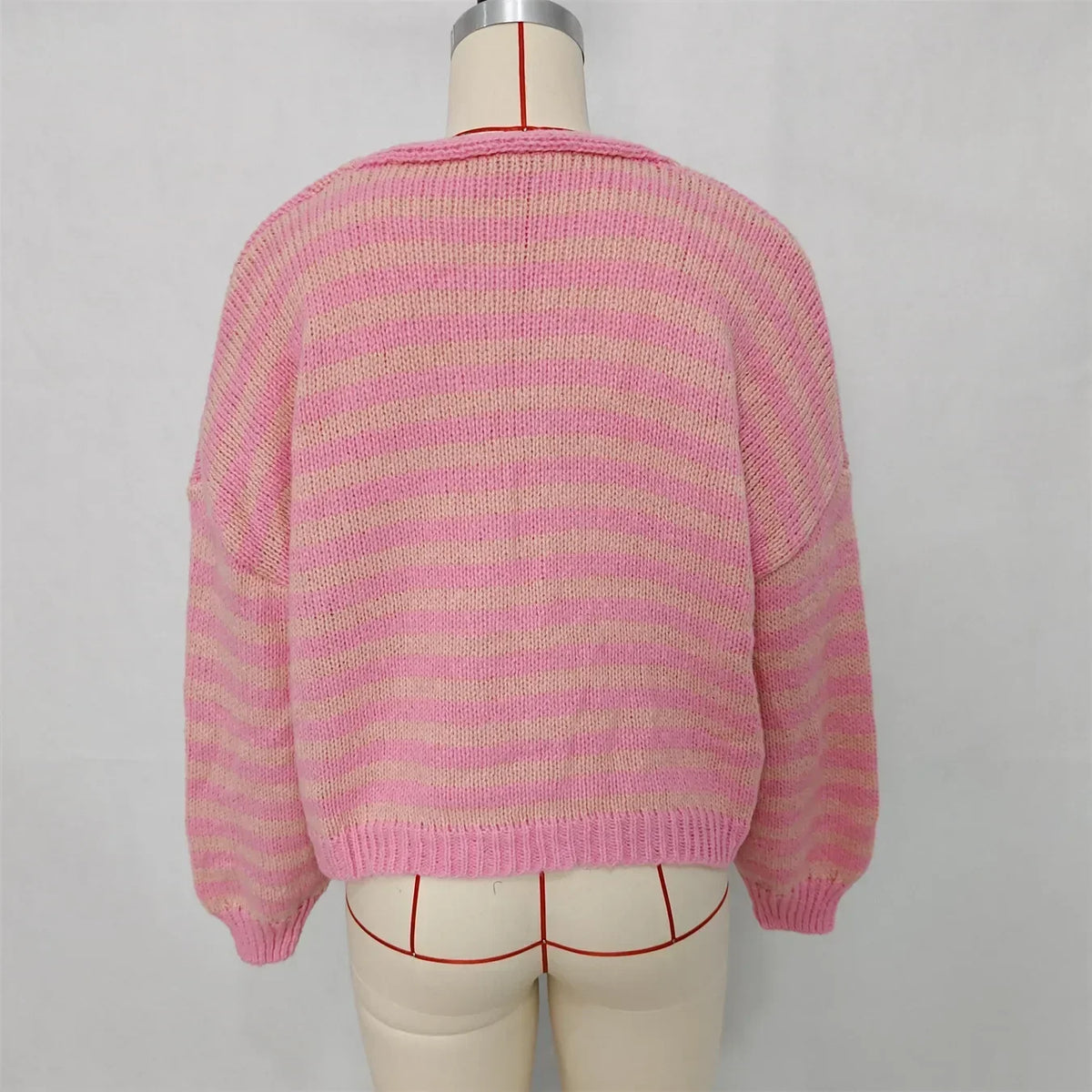 Striped V-Neck Cardigan with Dropped Shoulders and Lantern Sleeves for Women