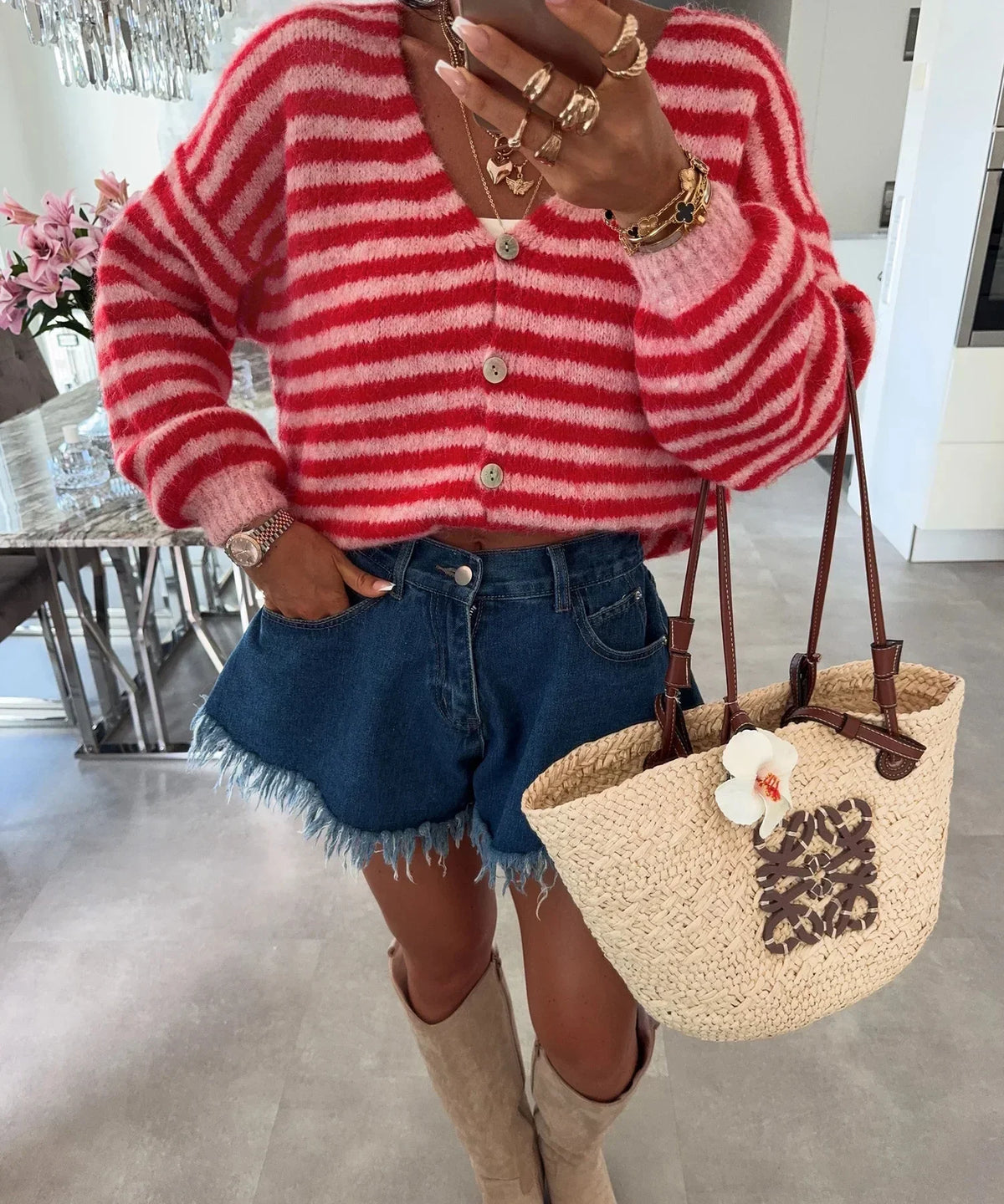 Striped V-Neck Cardigan with Dropped Shoulders and Lantern Sleeves for Women