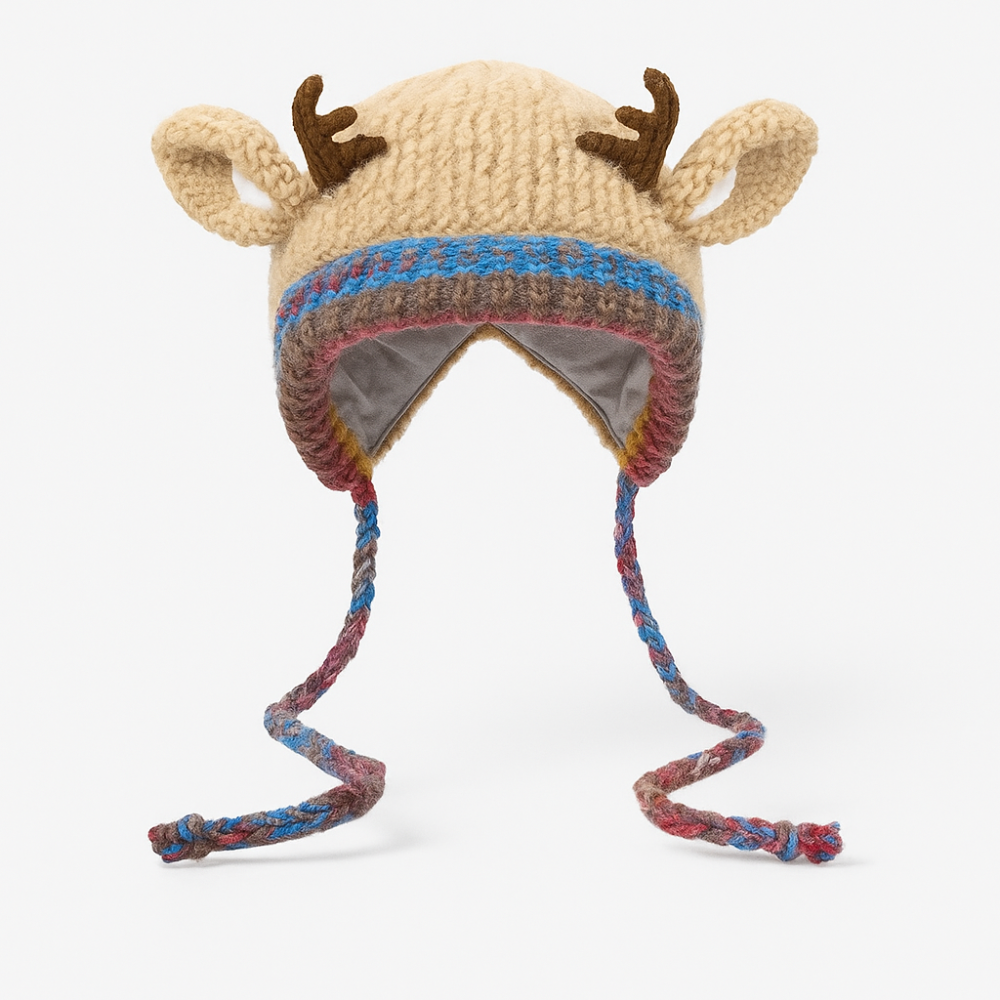 Women Knit Reindeer Animal Ear Flap Winter Hat Beanie
