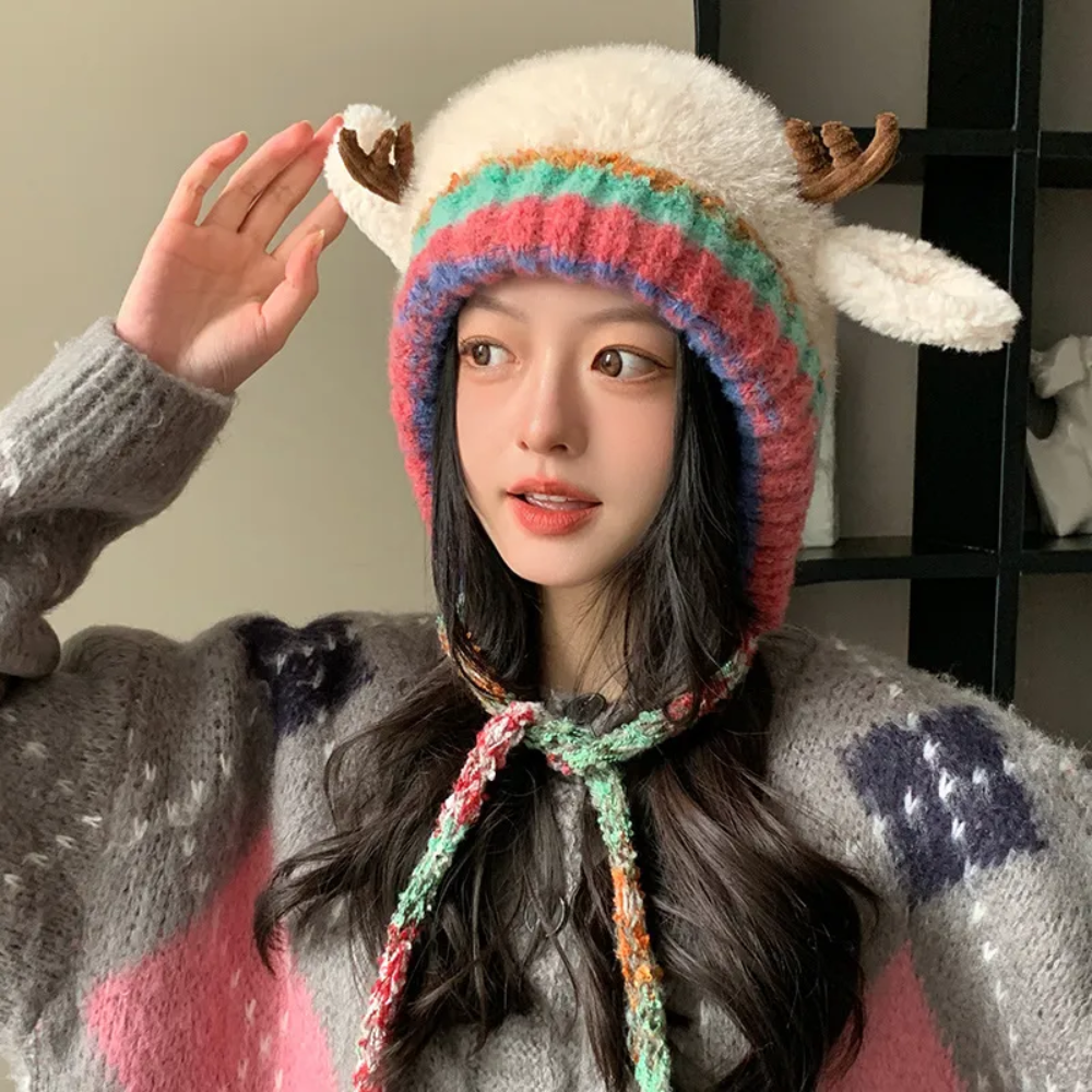 Women Knit Reindeer Animal Ear Flap Winter Hat Beanie