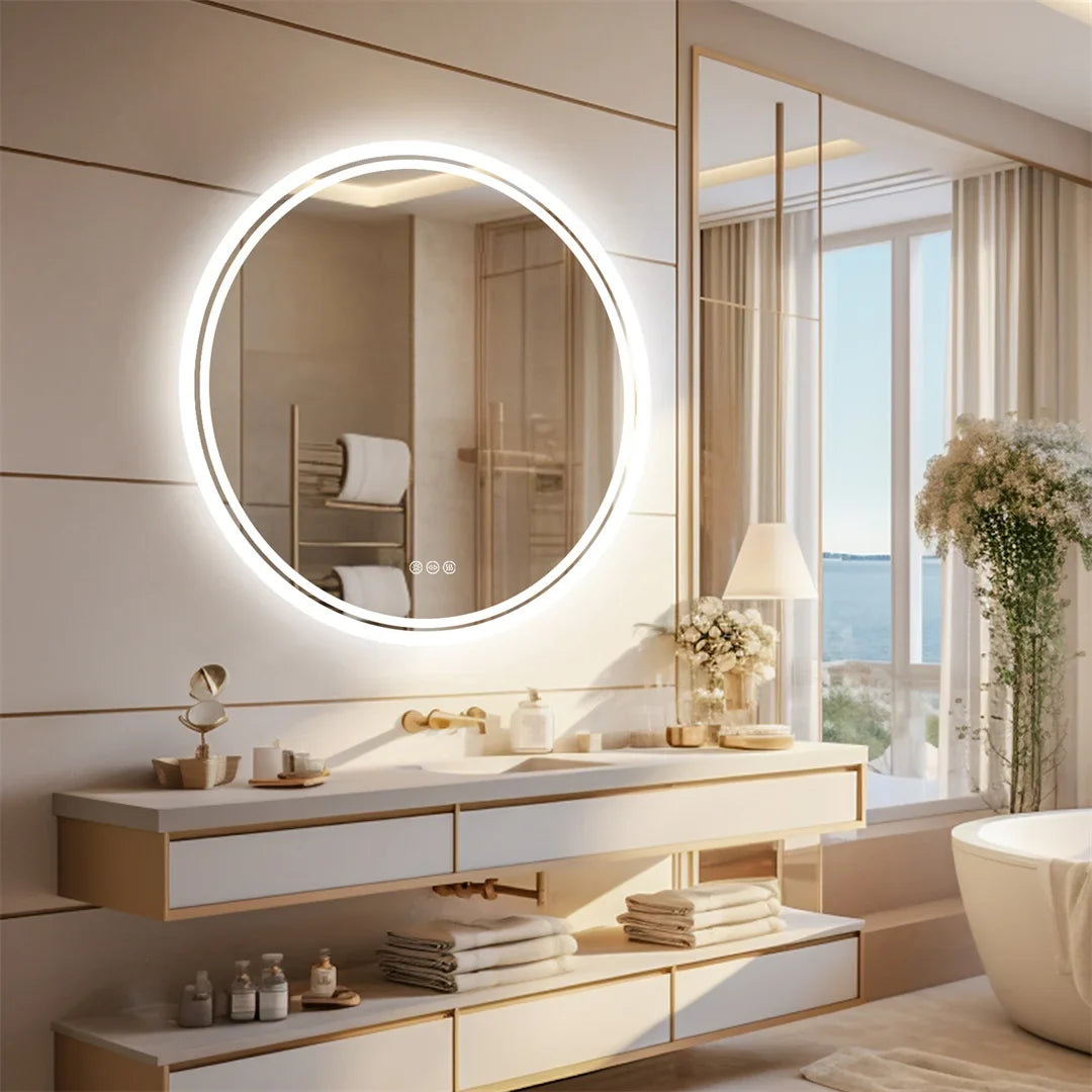 LuvoRound | Round LED Bathroom Mirror | Anti-Fog & Dimmable Touch Screen
