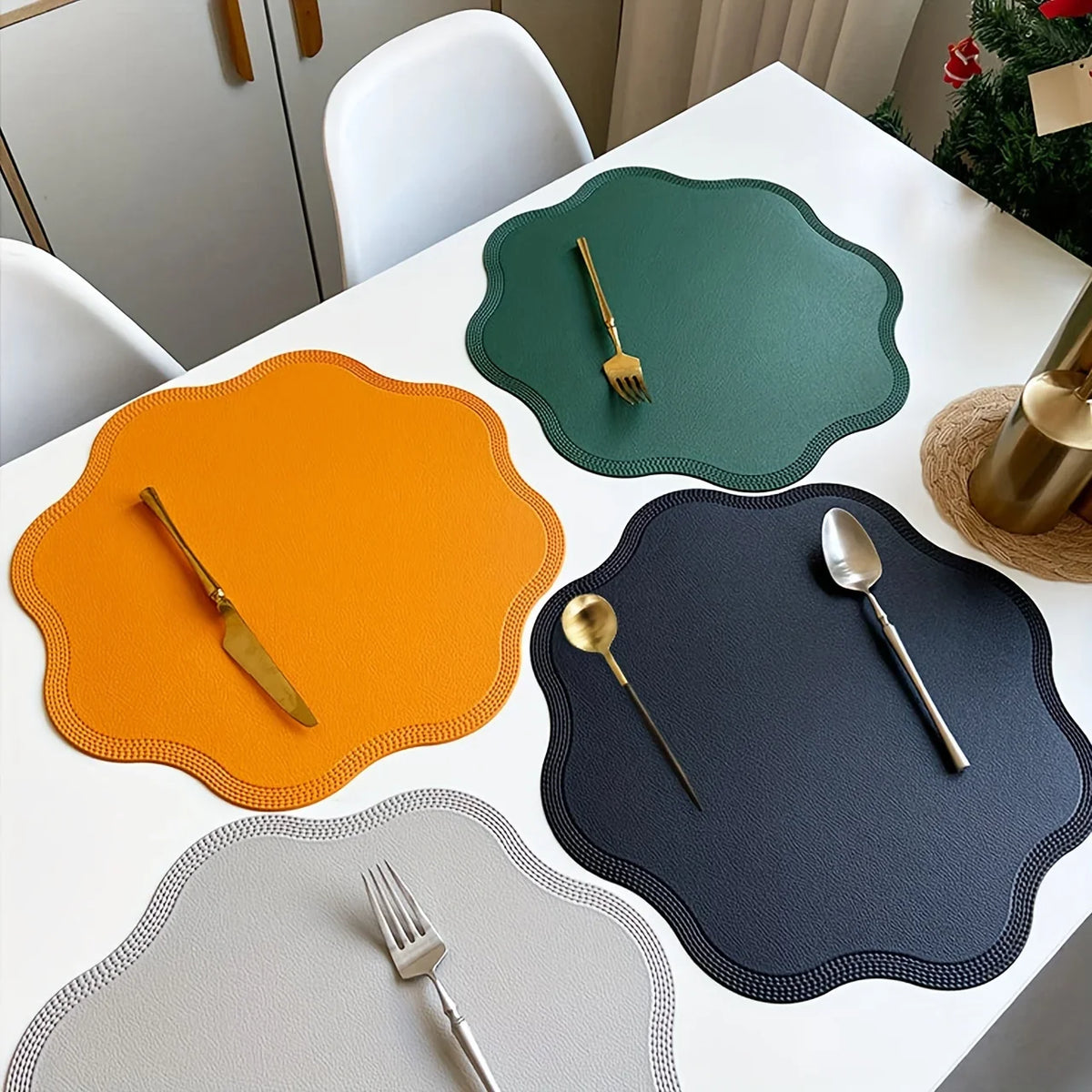 FloraMat | Round Faux Leather Placemats | Embossed Flower Design