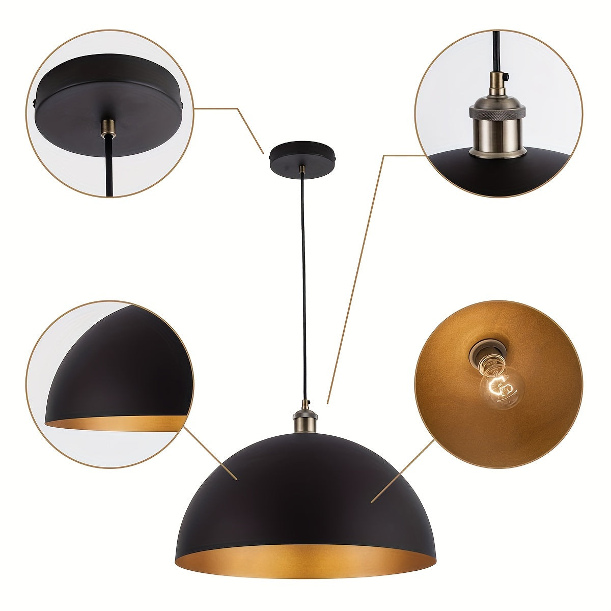 Vintage Industrial Dome Pendant Light | Black & Gold Iron Shade