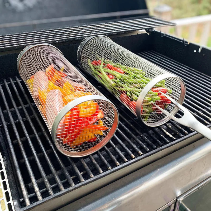 Rotating Grill Basket with Secure Latch and Stainless Steel Mesh, Dishwasher Safe