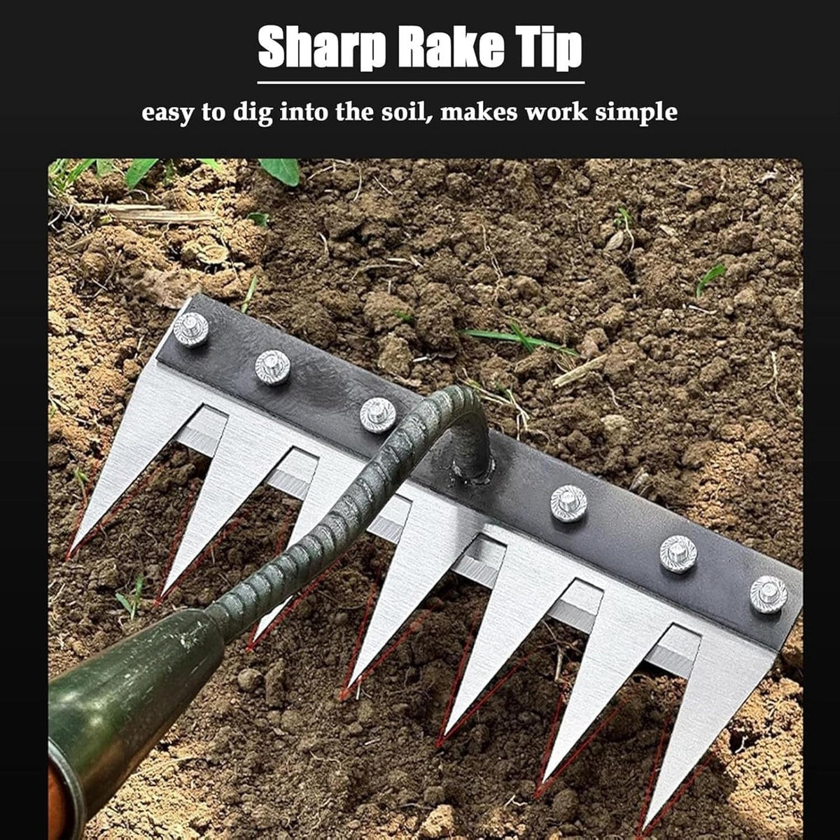 Garden Weeding Rake with Carbon Steel Head and Soft Grip, 5-8 Tooth Options
