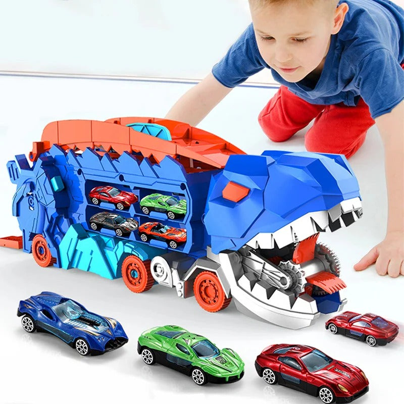 Convertible Dinosaur Truck Playset with Dual Racing Tracks and 3 Mini Cars, Ages 3