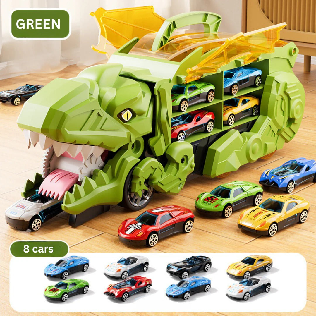 Convertible Dinosaur Truck Playset with Dual Racing Tracks and 3 Mini Cars, Ages 3