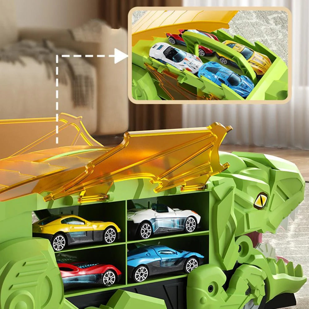 Convertible Dinosaur Truck Playset with Dual Racing Tracks and 3 Mini Cars, Ages 3